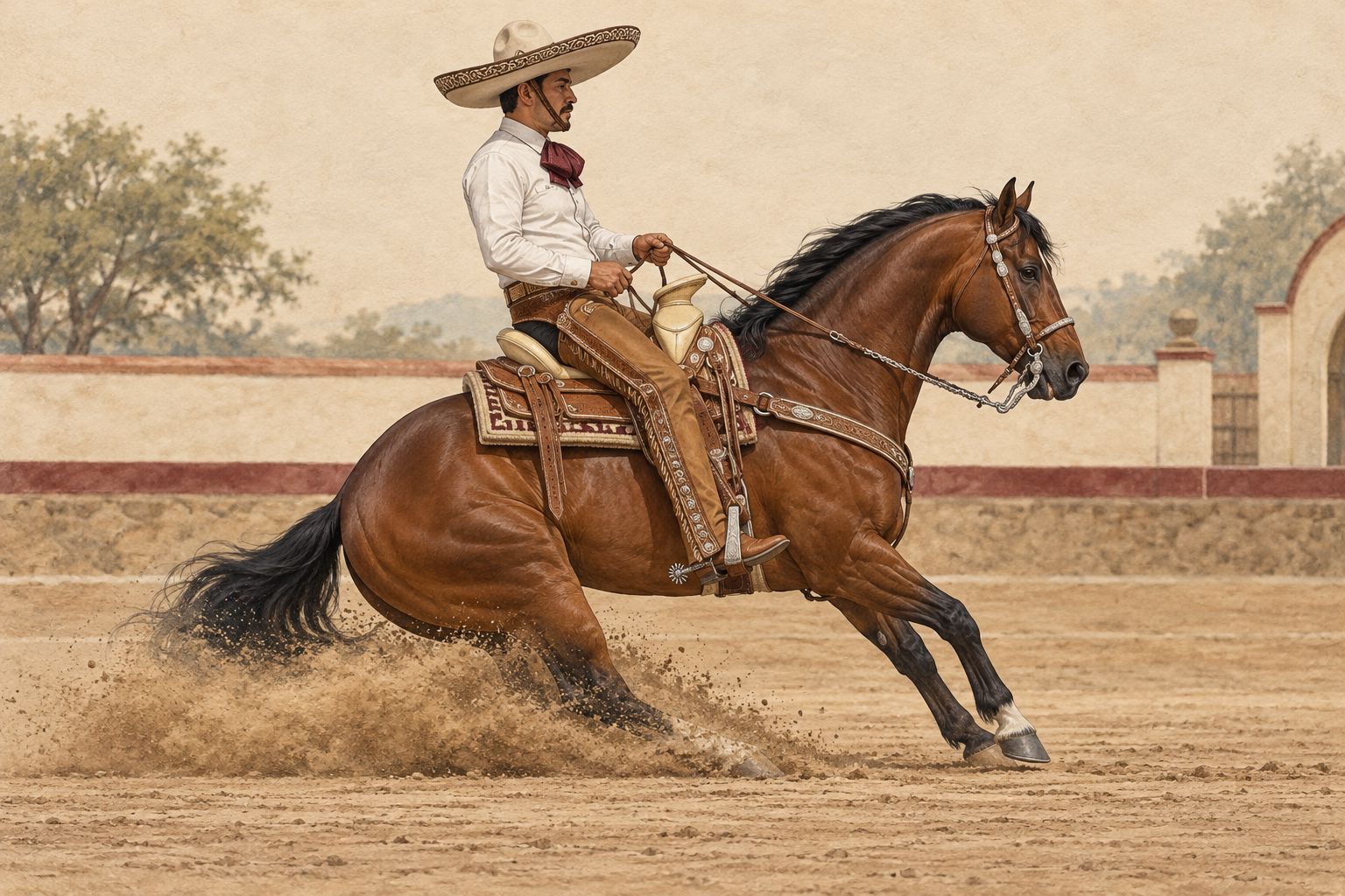 Illustration of a charro and horse performing cala de caballo in a charro arena